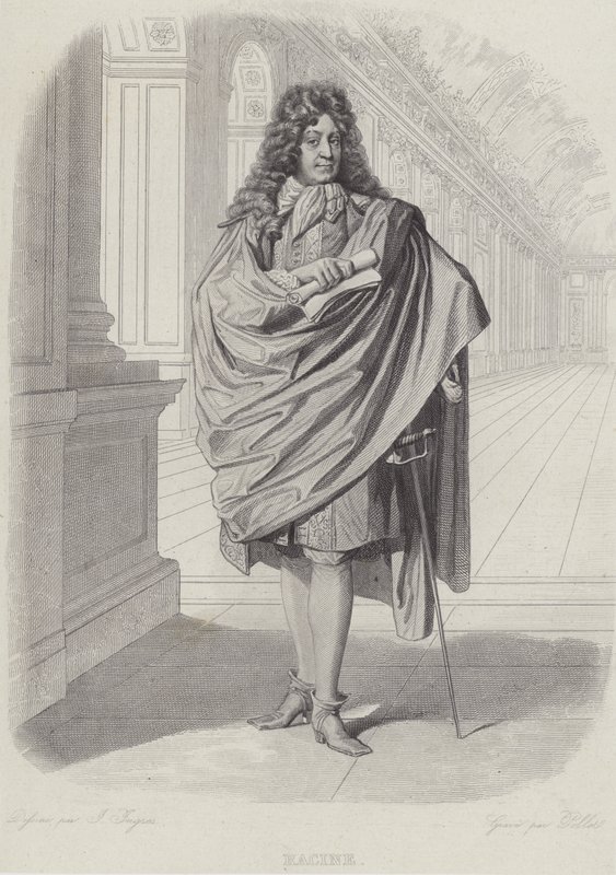 Jean Racine, francia drámaíró a versailles-i Tükörcsarnokban (metszet) alkotó: French School