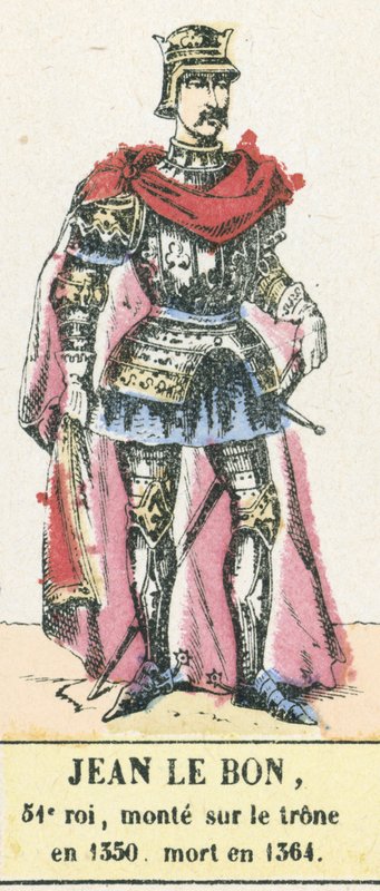 Jean le Bon 51. király, 1350-ben lépett trónra, 1364-ben halt meg (színes metszet) alkotó: French School