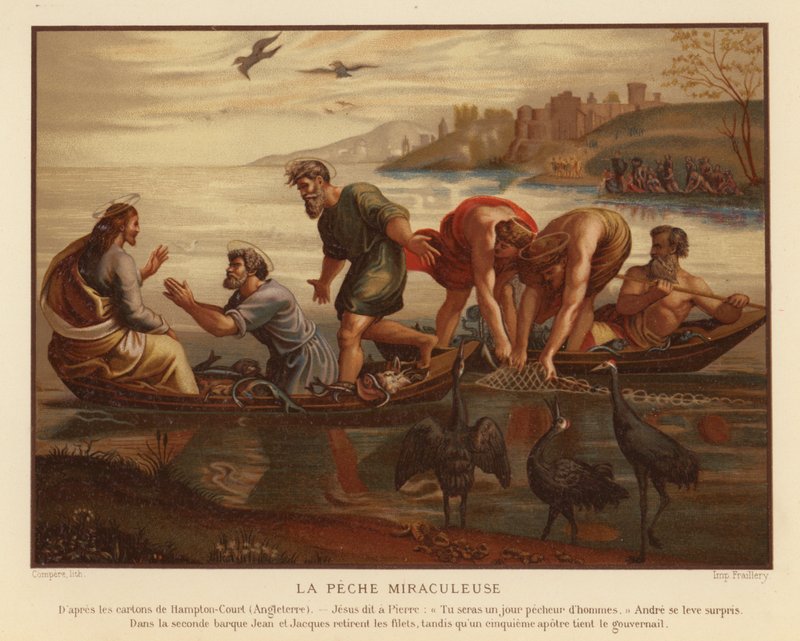 Jézus Krisztus és a halak csodás huzata (chromolitho) alkotó: French School