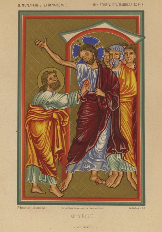 Jézus Krisztus, aki a keresztre feszítésből származó sebeket viseli (chromolitho) alkotó: French School