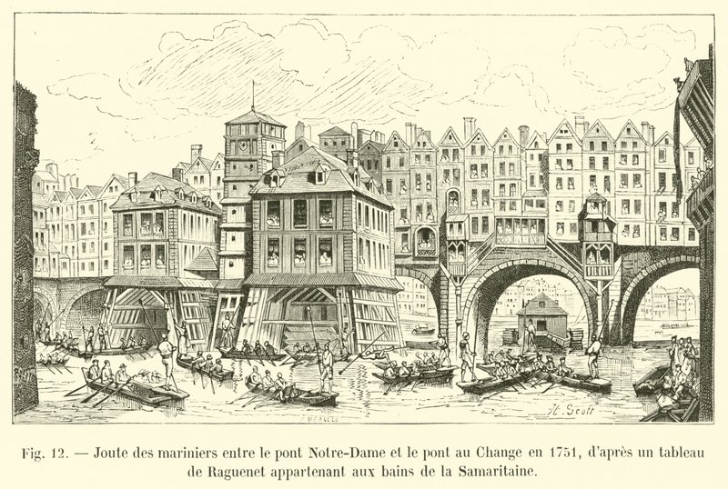 Tengerészek lovaglása a Notre-Dame híd és a Change híd között 1751-ben, Raguenet festménye után, amely a Szamaritán fürdőhöz tartozik alkotó: French School