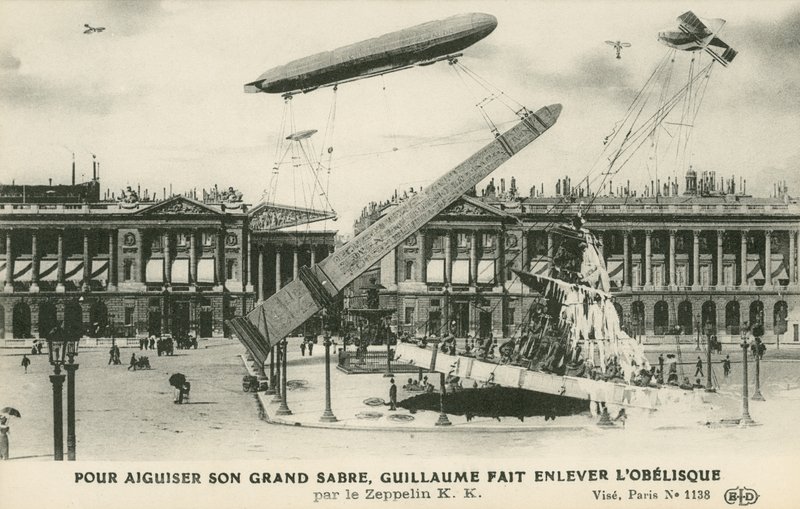 II. Vilmos császár elképzelte, hogy Zeppelin (litho) eltávolítja az obeliszket Párizsból alkotó: French School