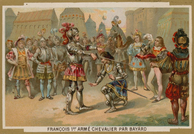 I. Károly francia királyt Chevalier de Bayard lovaggá ütötte az 1515-ös marignánói csata után alkotó: French School