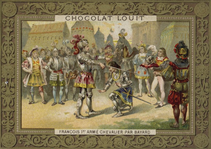 I. Károly francia királyt Chevalier de Bayard lovaggá ütötte az 1515-ös marignánói csata után alkotó: French School