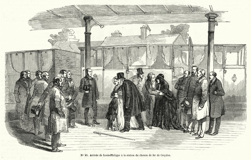 Lajos Fülöp francia király megérkezik a croydoni vasútállomásra, miután száműzetésbe kényszerült, 1848 februárja (metszet) alkotó: French School