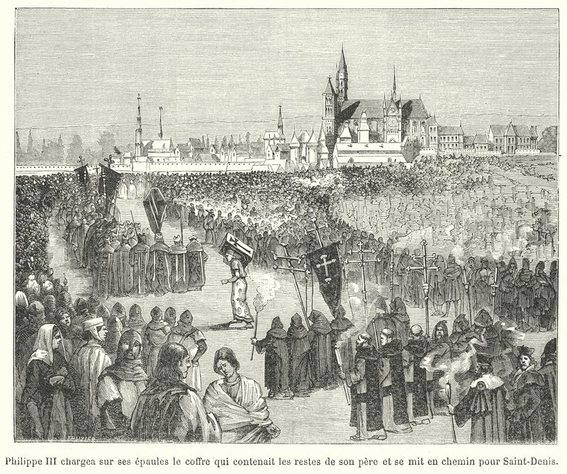 III. Fülöp francia király apja, IX. Lajos csontjait vitte a párizsi Szent Denis-bazilikába temetésére. alkotó: French School