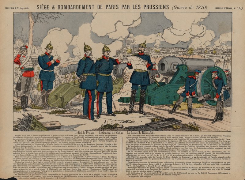 I. Vilmos porosz király, Otto von Bismarck és Helmuth von Moltke tábornok Párizs ostrománál, a francia-porosz háború alkotó: French School