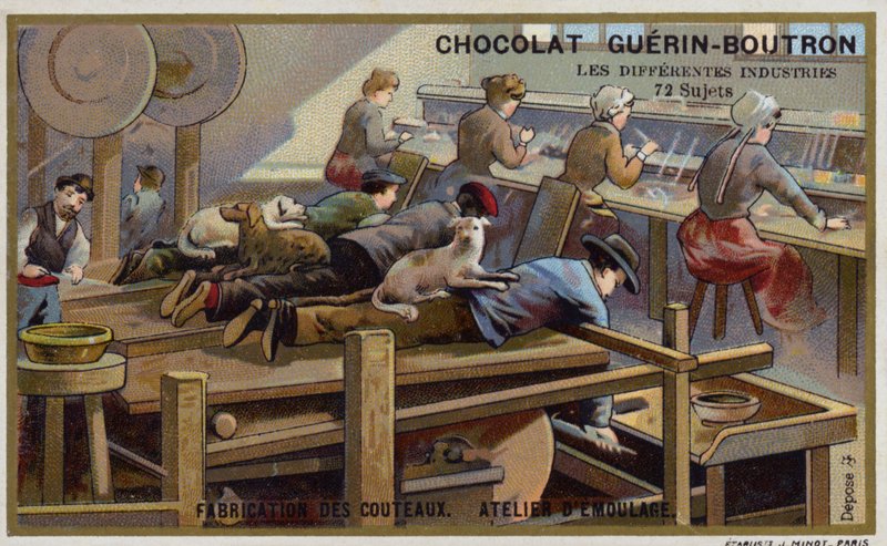 Késgyártás. Élező műhely (chromolitho) alkotó: French School