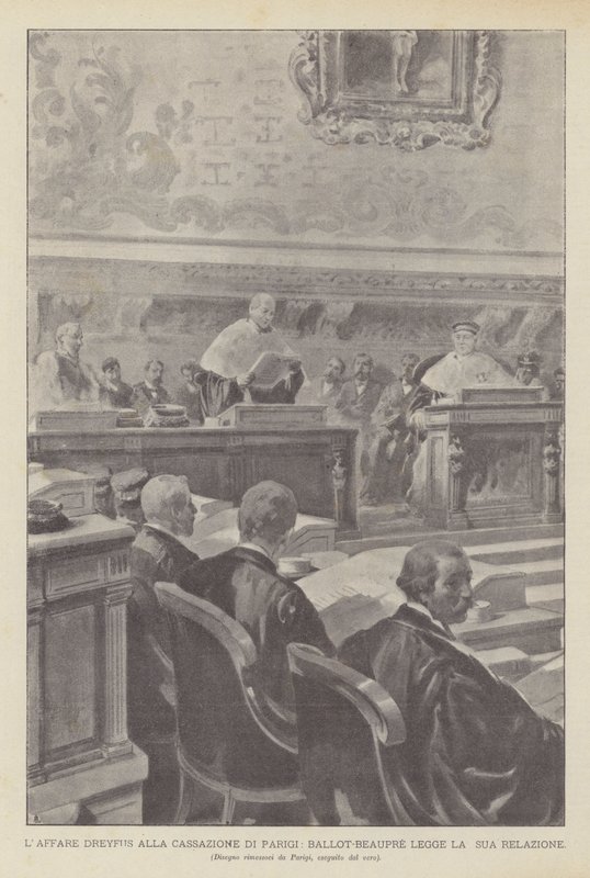 A Dreyfus-ügy a párizsi kasszában Ballot-Beaupre felolvassa a jelentését (litho) alkotó: French School