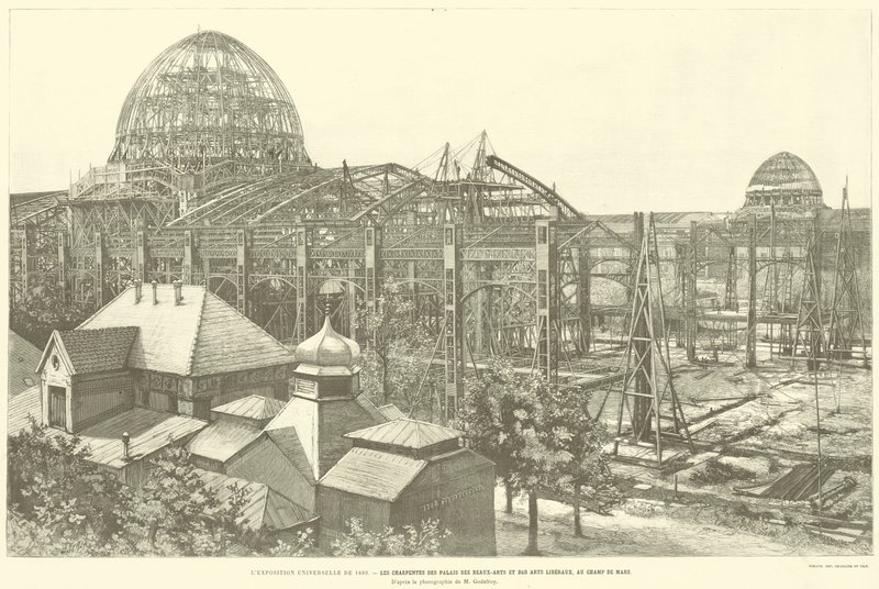 Az 1889-es egyetemes kiállítás, A Szépművészeti és Szabadművészeti Palota keretei a Champ de Marsban, M Godefroy fényképe szerint (metszet) alkotó: French School