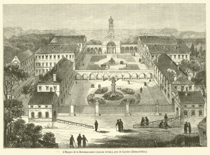 A Hospice de la Reconnaissance, Brezin ház, Garches közelében, Seine-et-Oise (metszet) alkotó: French School