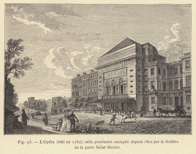 Az Opera 1781-ben épült, ideiglenes helyiség, 1802 óta a Porte Saint-Martin színháza (metszet) alkotó: French School