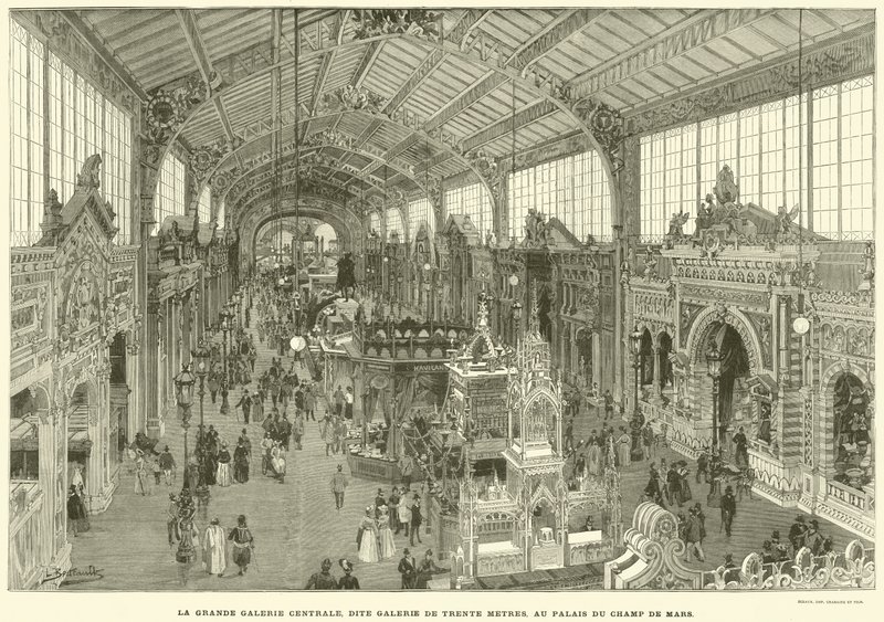 A Nagy Központi Galéria, amelyet Harmincméteres Galériának hívnak, a Palais du Champ de Marsban (metszet) alkotó: French School