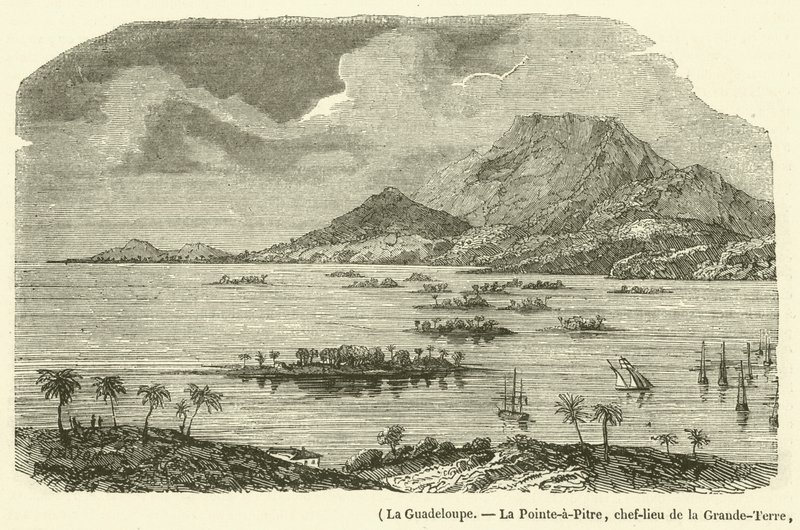 Guadeloupe, La Pointe-a-Pitre, Grande-Terre fővárosa, részben elpusztult az 1843. február 8-i földrengésben (metszet) alkotó: French School