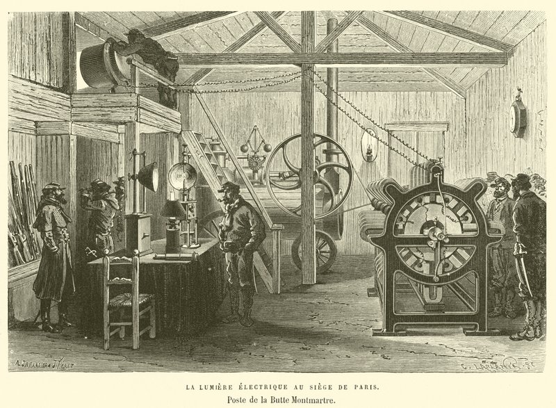 Elektromos lámpa Párizs központjában, Poste de la Butte Montmartre (metszet) alkotó: French School
