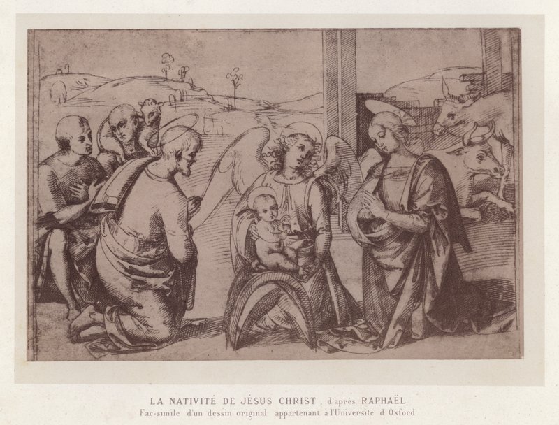 Jézus Krisztus születése, Raphael nyomán, az Oxfordi Egyetem eredeti rajzának fakszimile (chromolitho) alkotó: French School