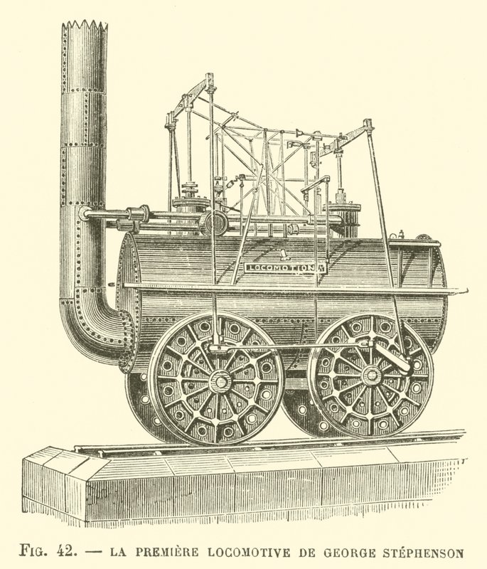 La Premiere Locomotive de George Stephenson (metszet) alkotó: French School