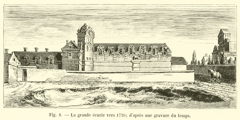 A nagy istálló 1720 körül; egy korabeli metszetről alkotó: French School