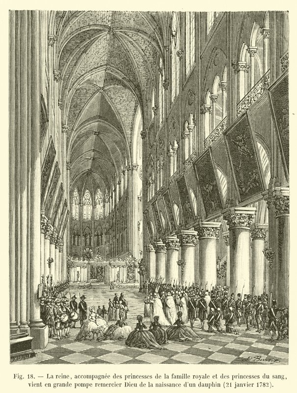 A királynő, a királyi család hercegnőivel és a vér hercegnőivel, nagy pompával érkezik, hogy megköszönje Istennek egy Dauphin születését 1782. január 21-én. alkotó: French School