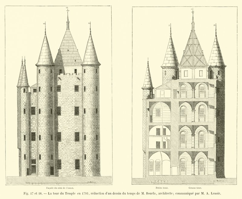 A templomtorony 1793-ban, M Bourla építész korabeli rajz kicsinyítése; közölte M A Lenoir alkotó: French School