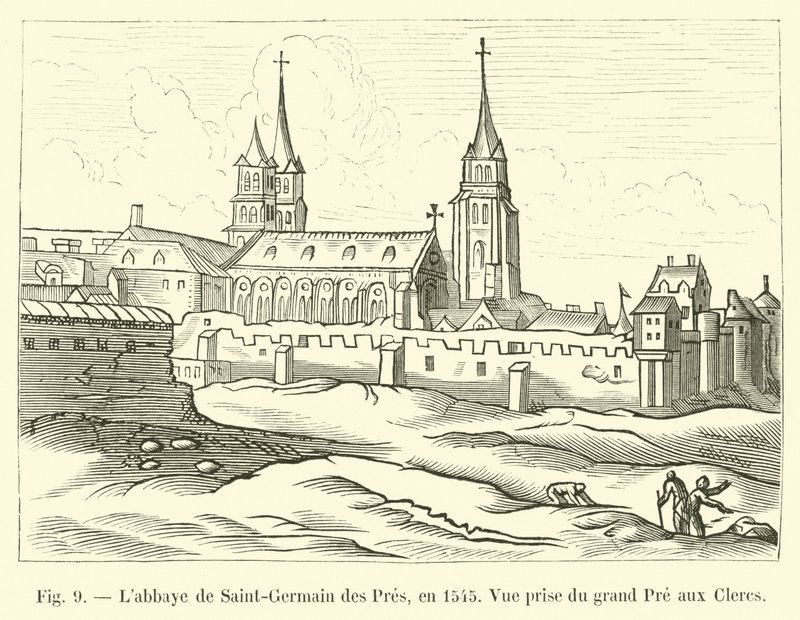A Saint-Germain des Pres-i apátság 1545-ben, kilátás a Grand Pre aux Clercs-ről alkotó: French School