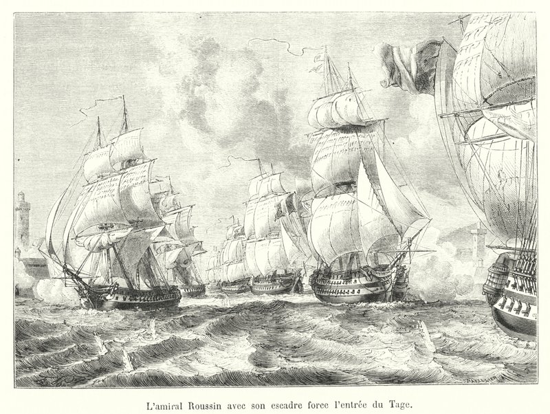 Roussin admirális századával kényszeríti a Tejo behatolását alkotó: French School