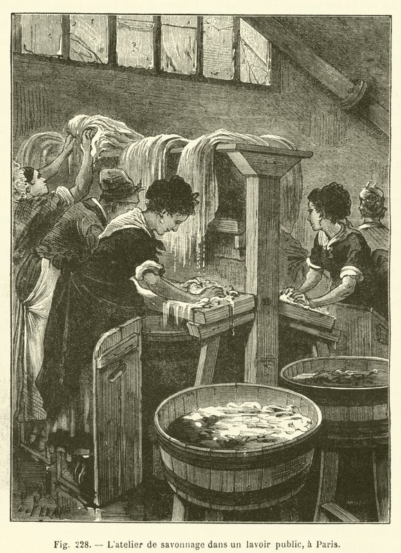 Szappanozó műhely egy nyilvános mosdóban, Párizsban (metszet) alkotó: French School