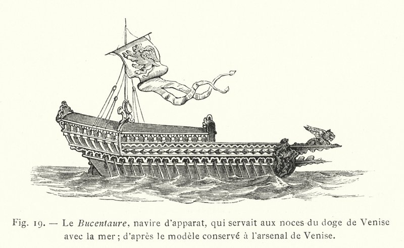 A Bucentaure, szertartásos hajó, amely a velencei dózse és a tenger esküvőjén szolgált; a velencei arzenálban őrzött makett után (metszet) alkotó: French School
