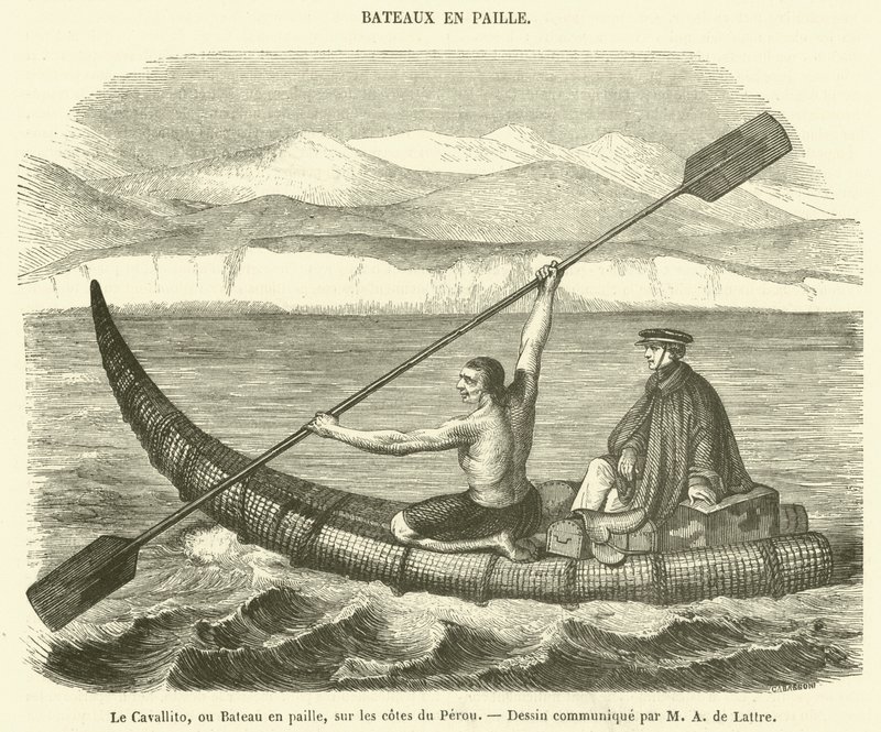 A Cavallito vagy szalmacsónak Peru partjainál (metszet) alkotó: French School