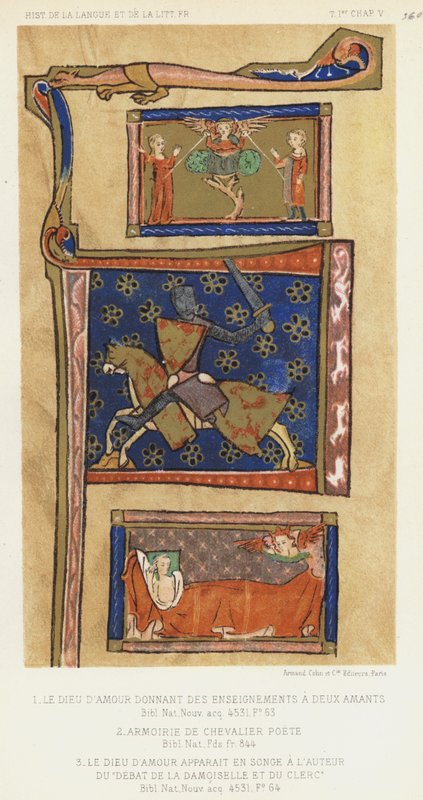 A szerelem istene, a Tanítások két szerelmesének Donnand, Chevalier Poete címere, A szerelem istene álomban jelenik meg a Lány és a klerikus vitája szerzőjének (színes litho) alkotó: French School