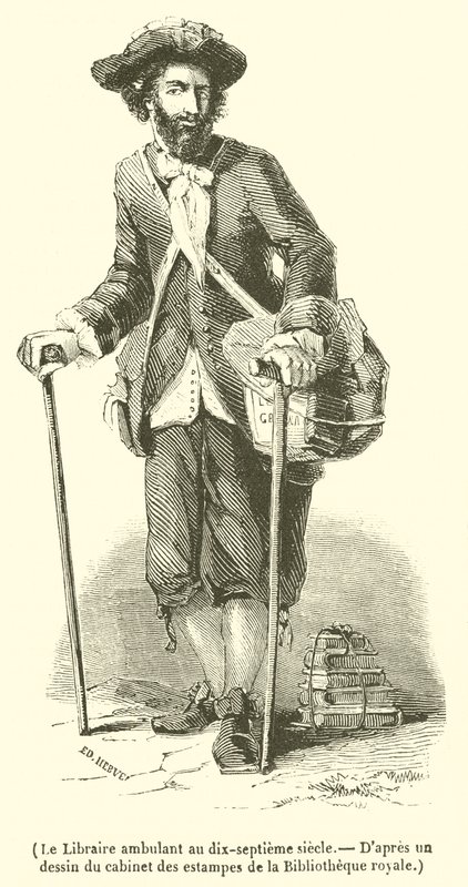A vándor könyvkereskedő a tizenhetedik században (metszet) alkotó: French School