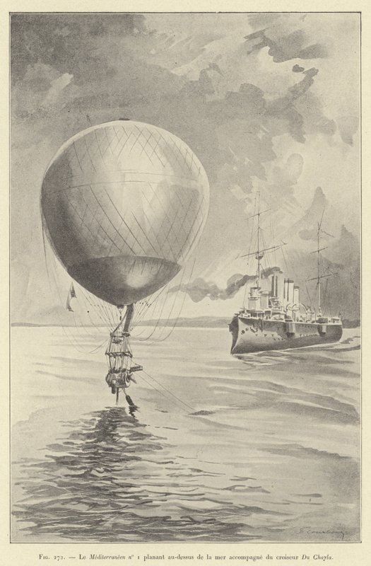 A tenger felett lebegő Mediterrán No. 1 a Du Chayla cirkáló kíséretében (metszet) alkotó: French School