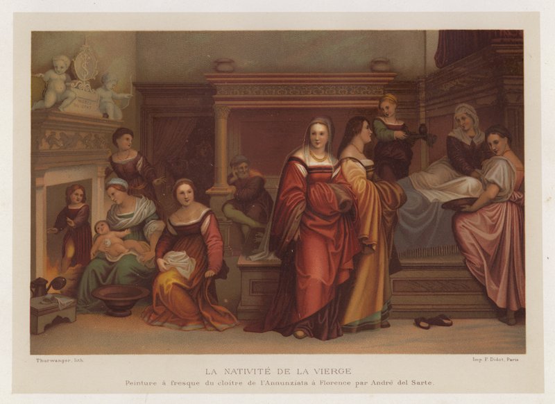 A Szűz születése, Andre del Sarte (chromolitho) freskóképe a firenzei Annunziata kolostorból alkotó: French School