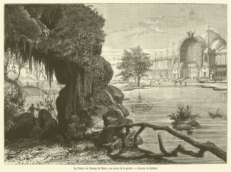 A Palais du Champ de Mars, kilátás a barlangból (metszet) alkotó: French School