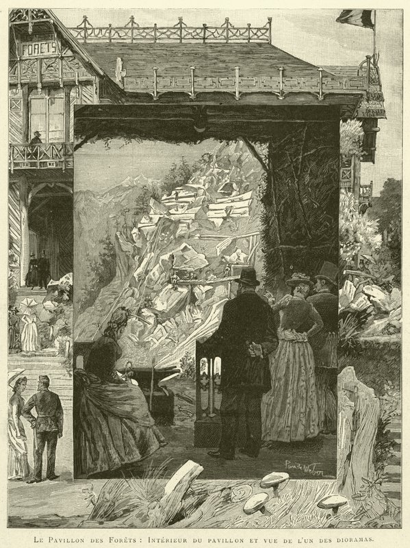 Le Pavillon des Forets, A pavilon belseje és kilátás az egyik diorámára (metszet) alkotó: French School