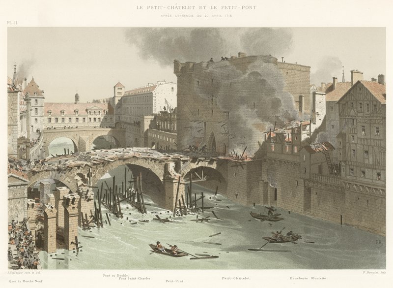 A Petit-Chatelet és a Petit-Pont, az 1718. április 27-i tűzvész után alkotó: French School