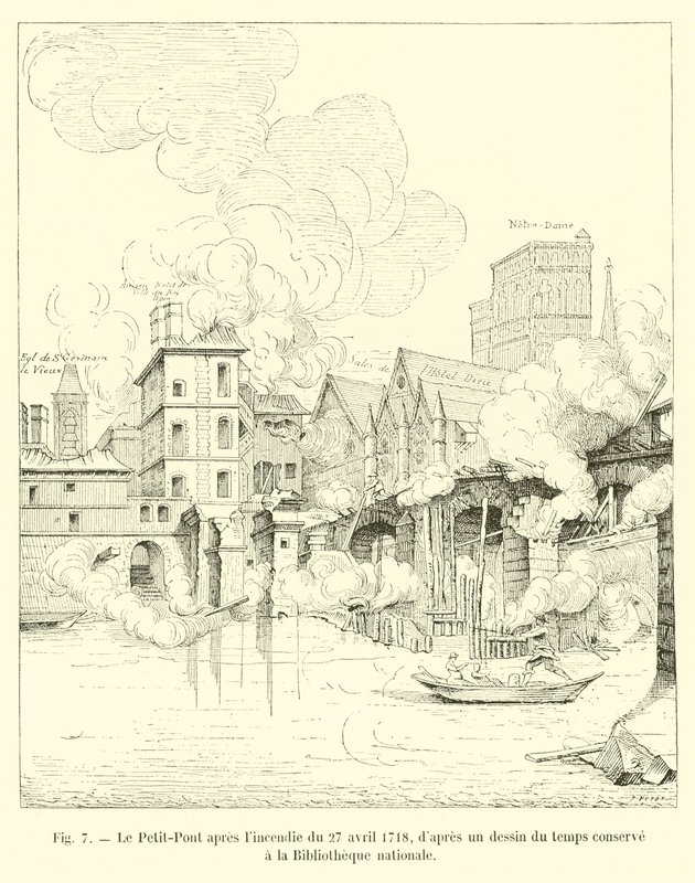 A Petit-Pont az 1718. április 27-i tűzvész után, a Nemzeti Könyvtárban őrzött korabeli rajzból alkotó: French School