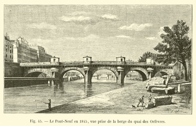 A Pont-Neuf 1845-ben, kilátás a Quai des Orfevres partjáról alkotó: French School