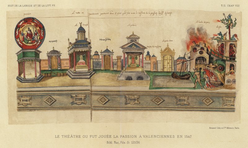 A Theater Ou Fut Jouee La Passion Valenciennes-ben 1547-ben (színes litho) alkotó: French School