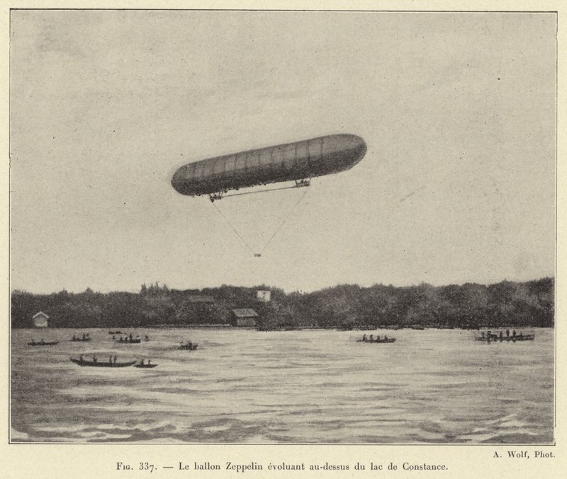 A Bodeni-tó felett repülő Zeppelin léggömb (metszet) alkotó: French School
