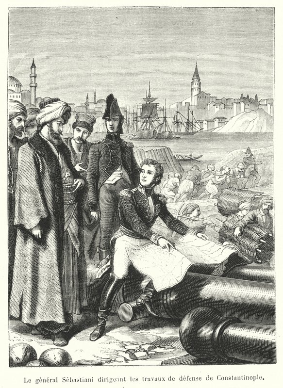 Sebastiani tábornok a konstantinápolyi védelmi munkákat irányítja (metszet) alkotó: French School