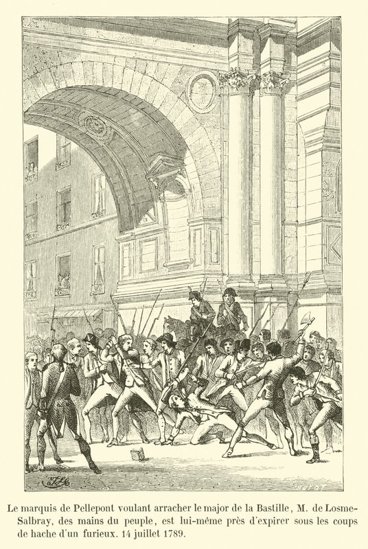 De Pellepont márki, aki a Bastille őrnagyát, M de Losme-Salbray urat akarja kiragadni a nép kezéből, maga is lejár egy dühöngő ember fejszecsapásai alatt, 1789. július 14. alkotó: French School