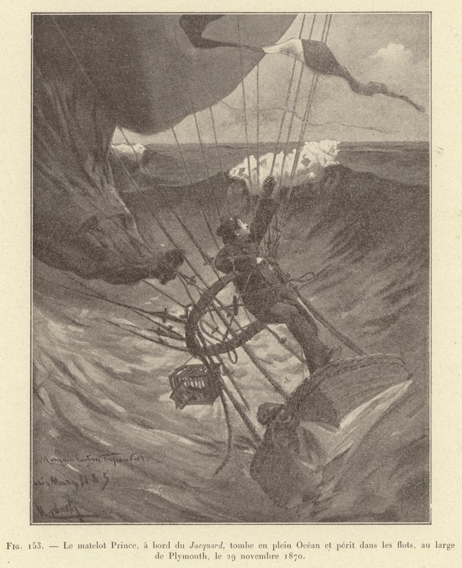 A tengerész Prince a Jacquard fedélzetén az óceán közepére esik, és elpusztul a hullámokban, Plymouth mellett, 1870. november 29. (metszet) alkotó: French School