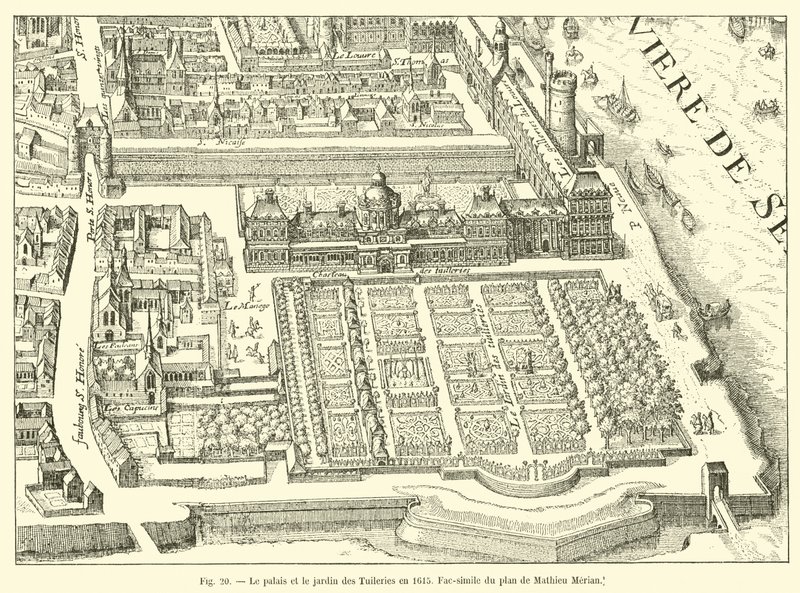 A Tuileries-palota és kert 1615-ben, Mathieu Merian tervének fakszimile alkotó: French School