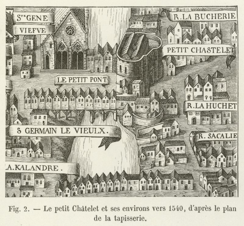 Le petit Chatelet és környéke 1540 körül, a kárpit terve szerint alkotó: French School