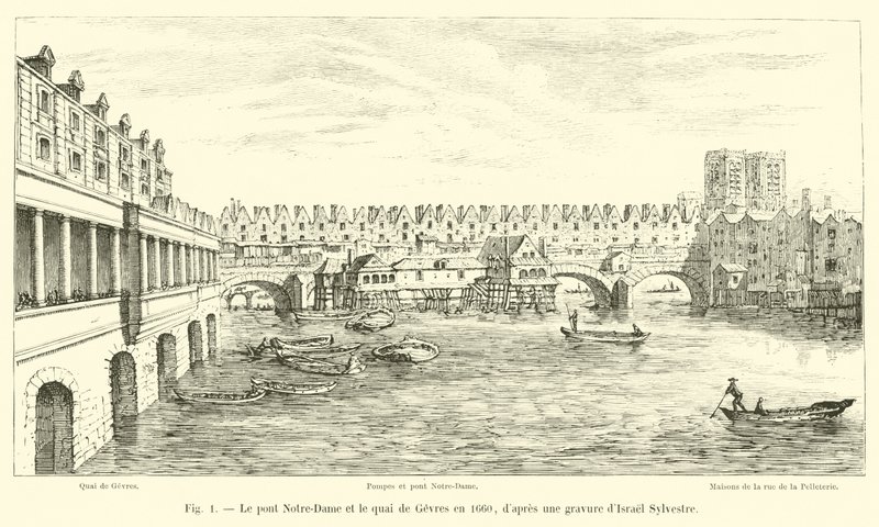 A Notre-Dame híd és a Quai de Gesvres 1660-ban, Israel Sylvestre metszetét követően alkotó: French School