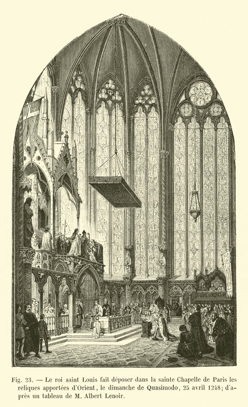 Szent Lajos király a keletről hozott ereklyéket a párizsi Sainte Chapelle-ben helyezte el Quasimodo vasárnapján, 1248. április 25-én, M Albert Lenoir festménye után. alkotó: French School