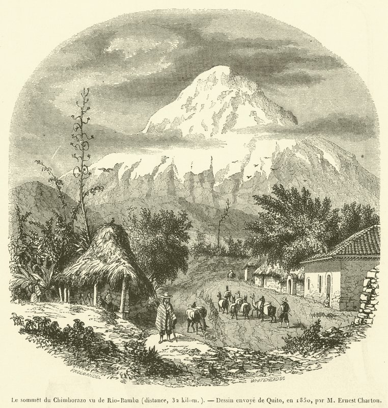 Chimborazo csúcsa Rio-Bambából nézve, távolság, 32 kilométer (metszet) alkotó: French School