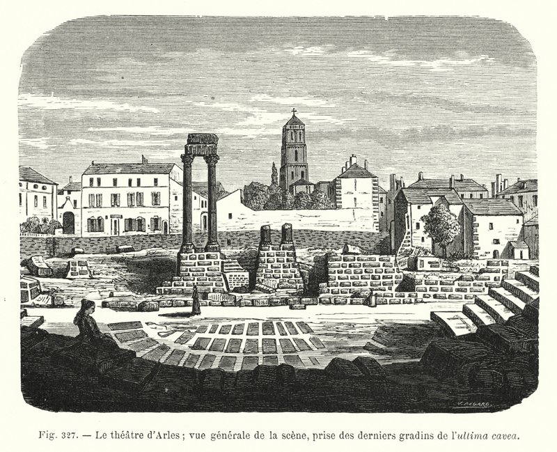 Az arles-i színház; a színpad általános képe, az ultima cavea utolsó lelátóiból (metszet) alkotó: French School
