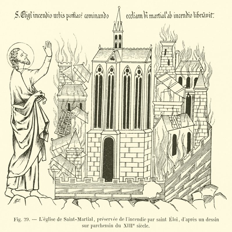 A Saint-Martial-templom, amelyet Saint Eloi őriz meg a tűztől, egy 13. századi pergamenrajz után alkotó: French School